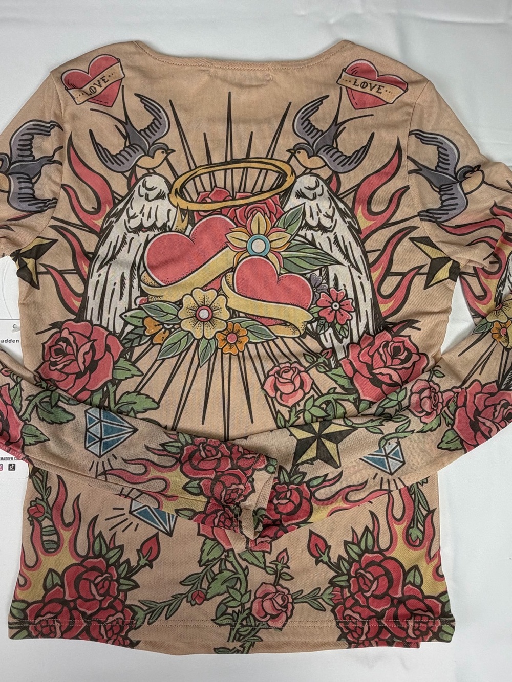 Madden Girl Beige Long Sleeve Tattoo-Print Top with Red Rose & Heart Motif /Med
